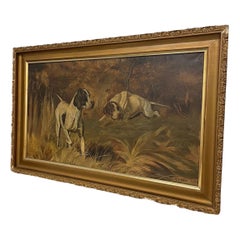 Vintage Framed Signed Painting of Serene Scene with Bloodhounds on Canvas