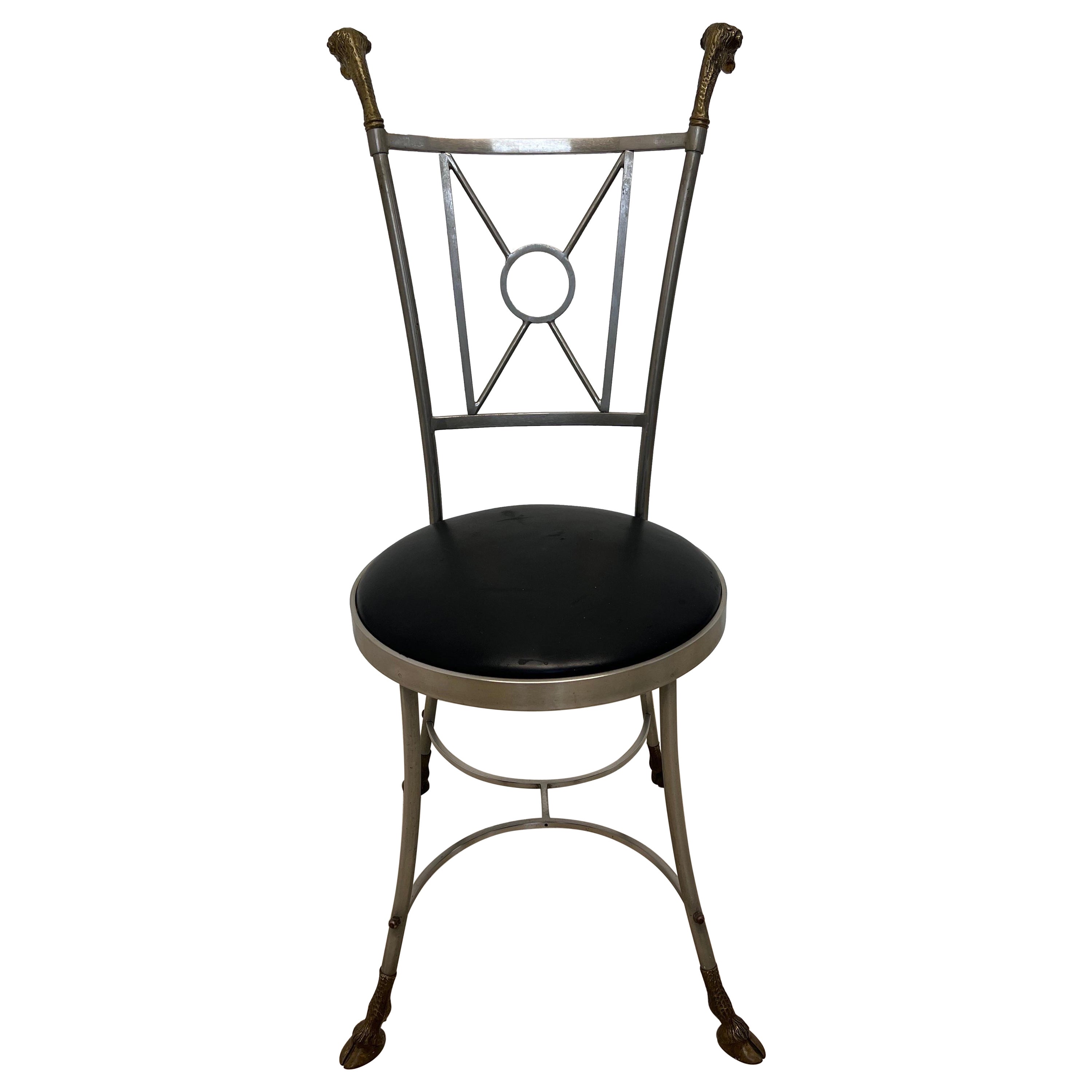 Maison Jansen Style Rams Head and Steel Chair with Leather Seat