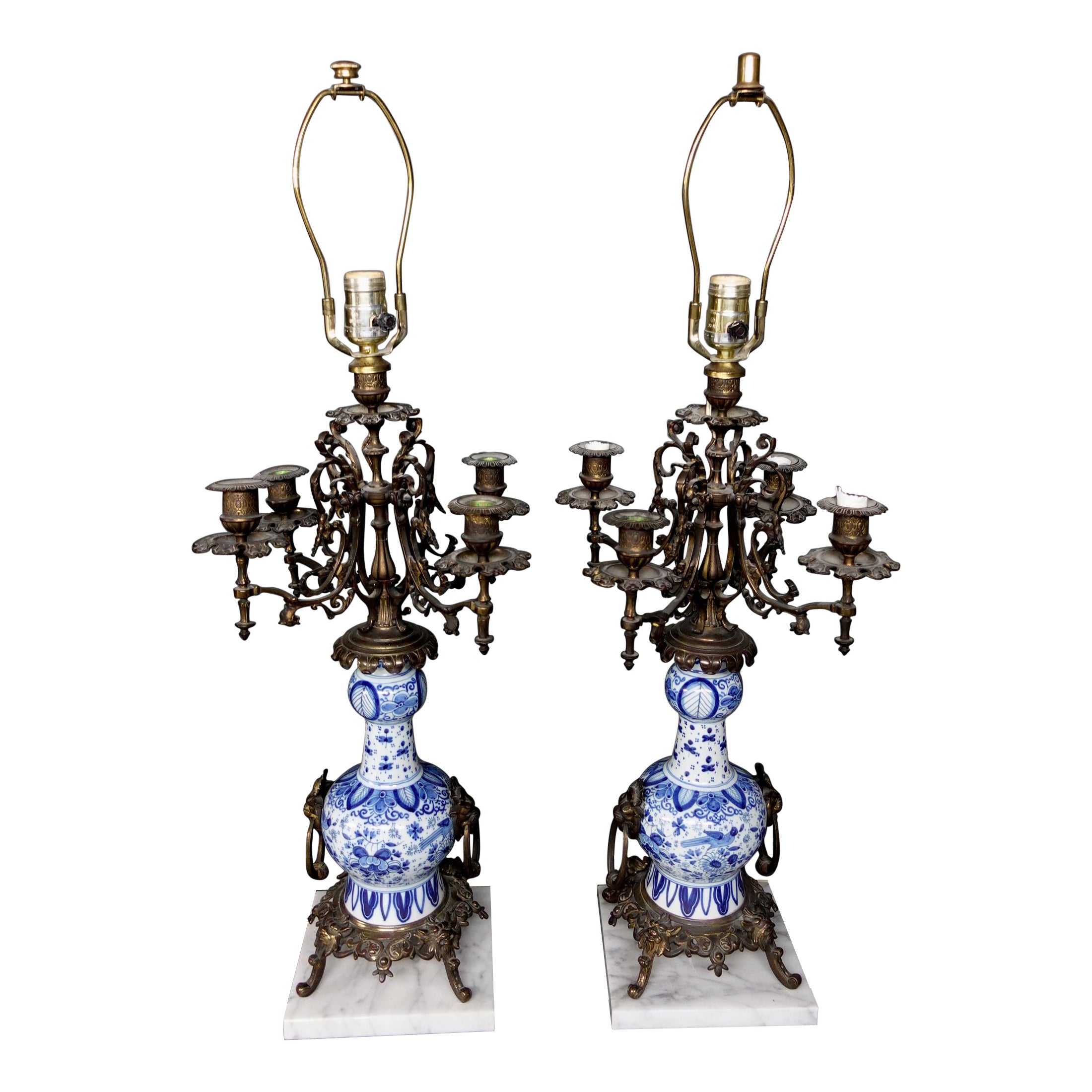 Pair of Blue and White Gilt-Bronze Candelabras and Lamps on Marble Bases For Sale