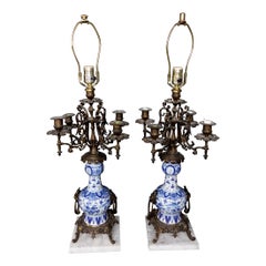 Antique Pair of Blue and White Gilt-Bronze Candelabras and Lamps on Marble Bases