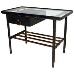 Table de nuit en cuir vert cousu main de Jacques Adnet, années 1950, France