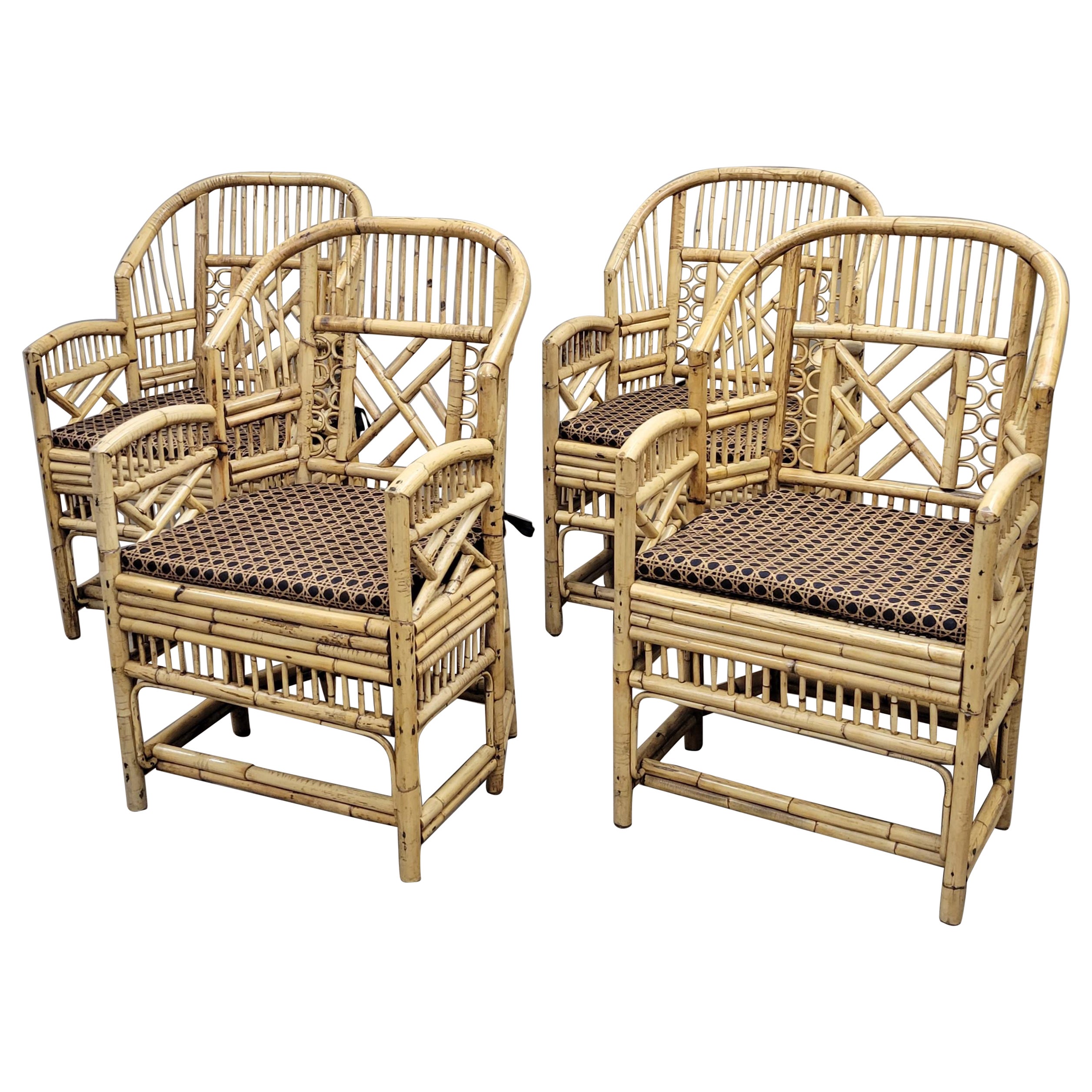 Vintage Brighton Pavilion Faux Bamboo Chairs With Kravet Cushions, Set of 4