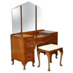 Queen Anne Style Vintage Burr Walnut Dressing Table & Stool with Trifold Mirrors