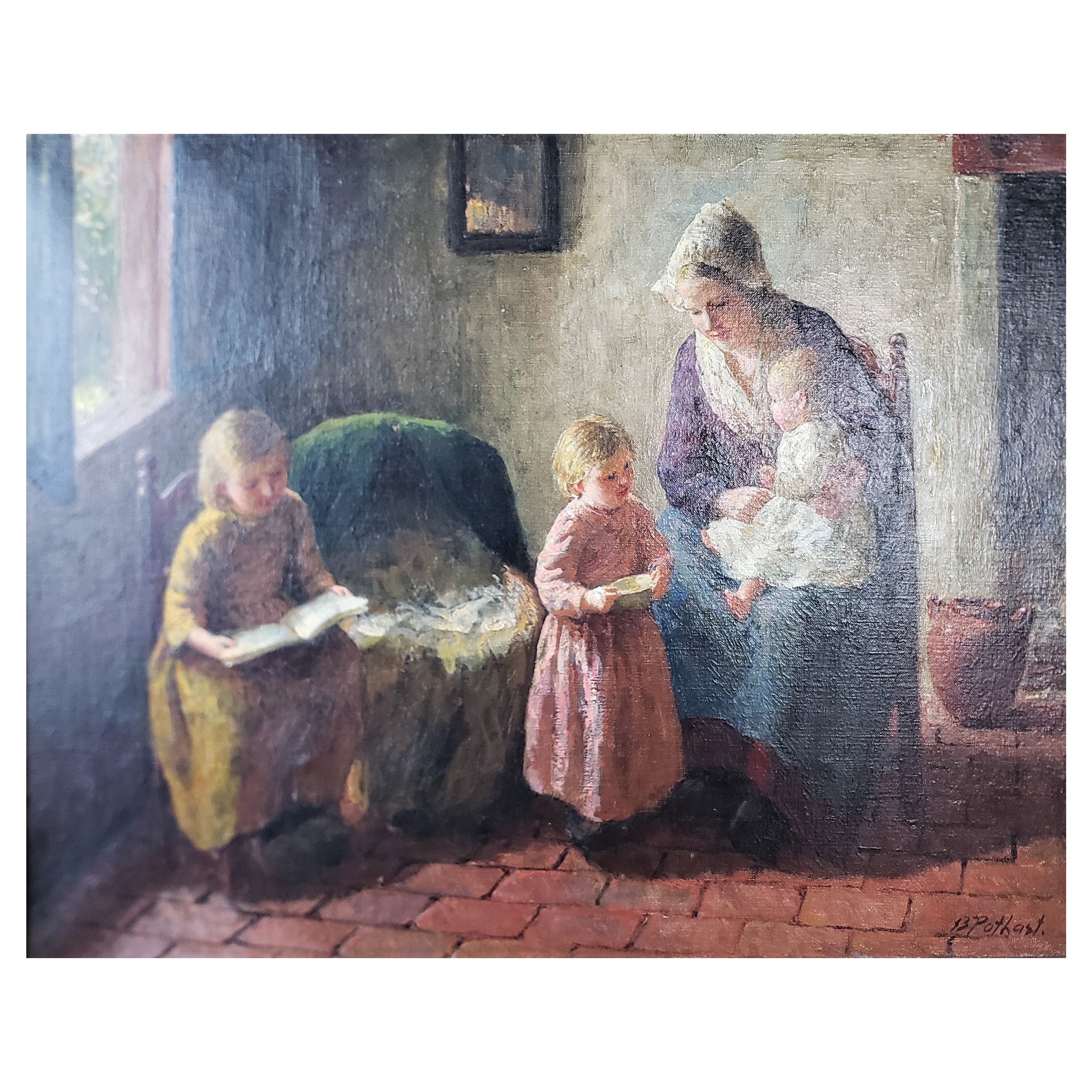 Peinture à l'huile originale sur toile de Bernard Pothast représentant une mère et ses enfants