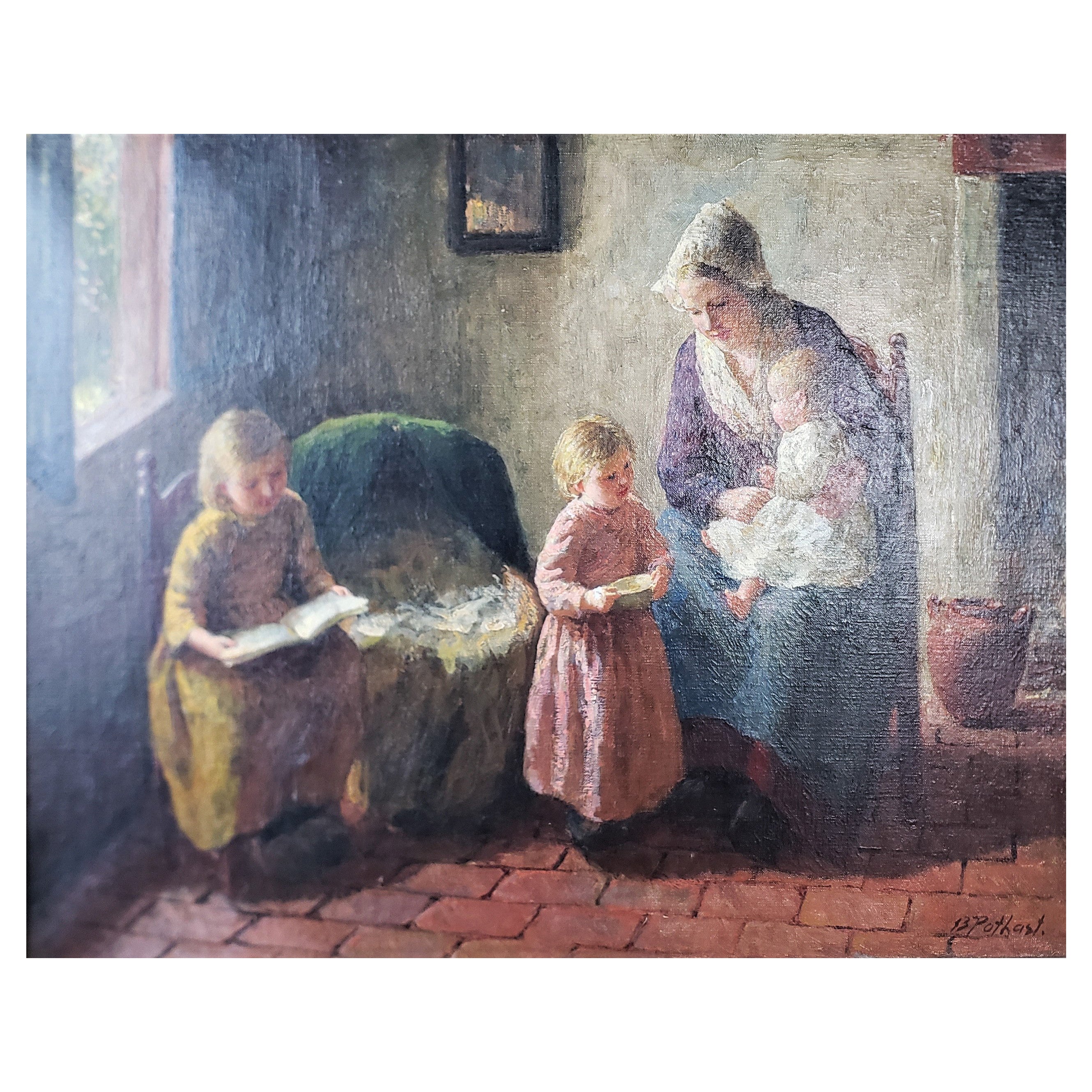 Bernard Pothast Pintura al óleo original antigua sobre lienzo de una madre y sus hijos