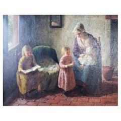 Bernard Pothast Antique Original Oil Painting on Canvas of a Mother & Children