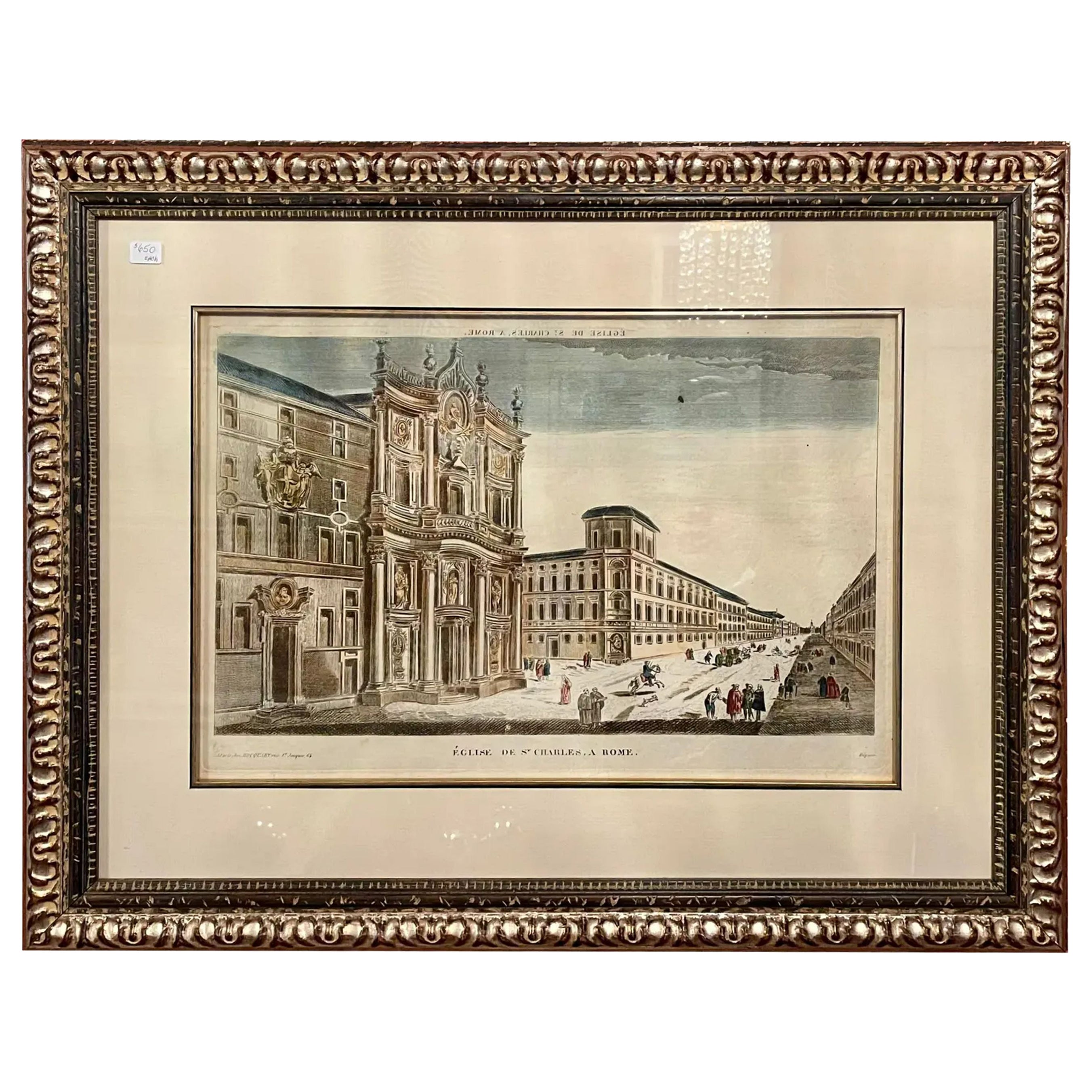 Antique 18th C Hand Colored Engraving Print, Eglise De St. Charles , a Rome For Sale