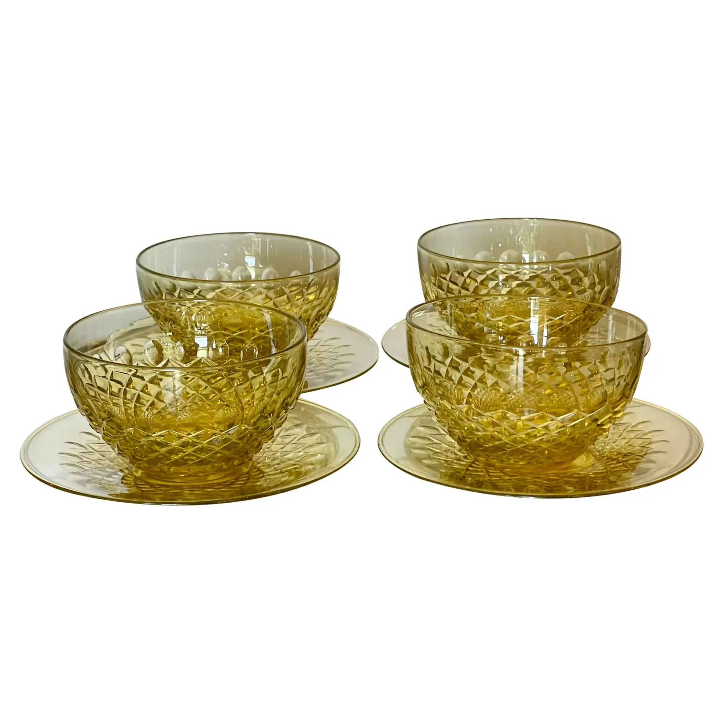 Antique Frederick Carder for Steuben Yellow Crystal Bowls & Underplates 8 Pc Set For Sale