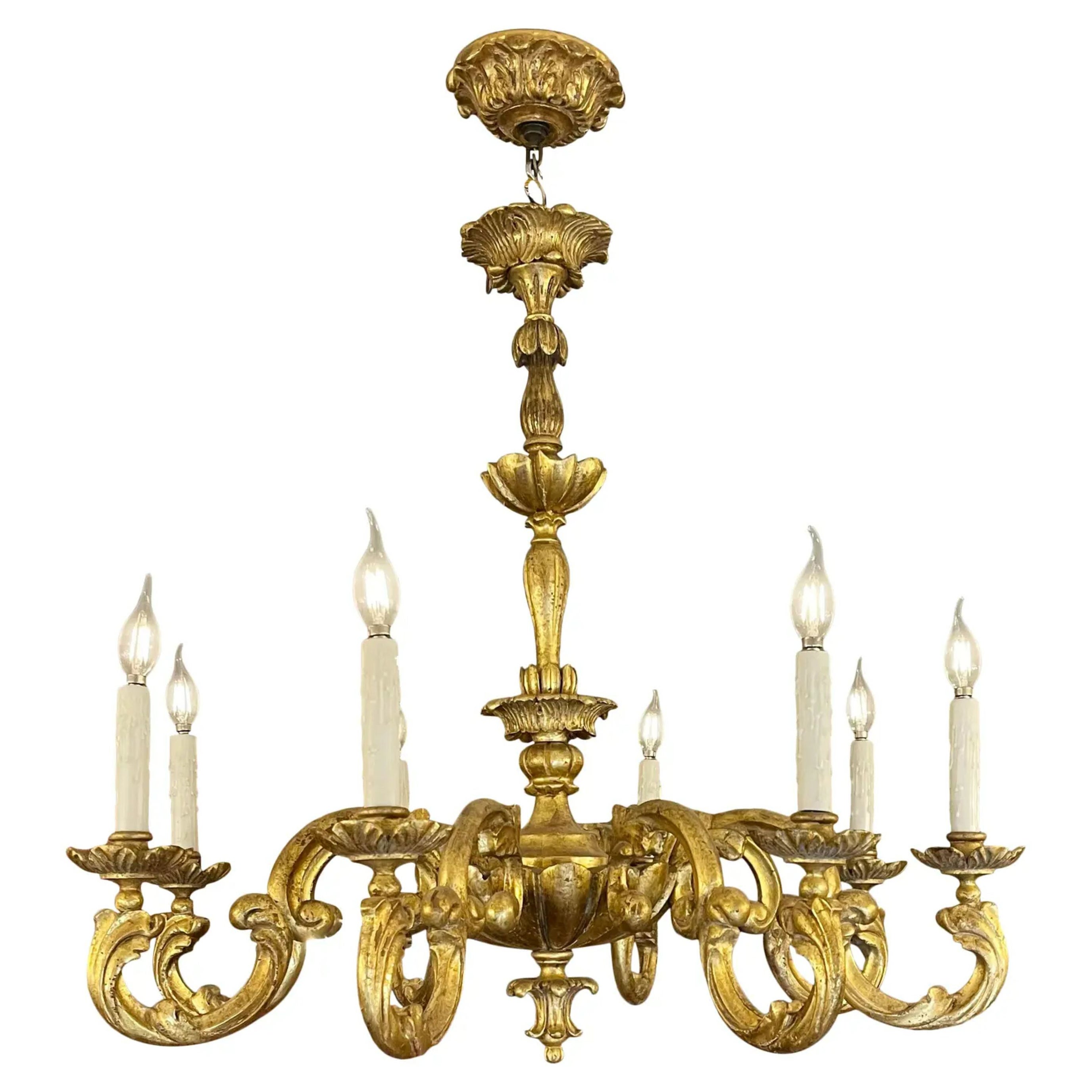 18th C Style Carved Italian Gilt Wood 8 Light Chandelier by Randy Esada