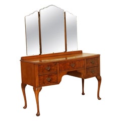 Vintage Art Deco Burr Walnut Dressing Table with Trifold Mirrors