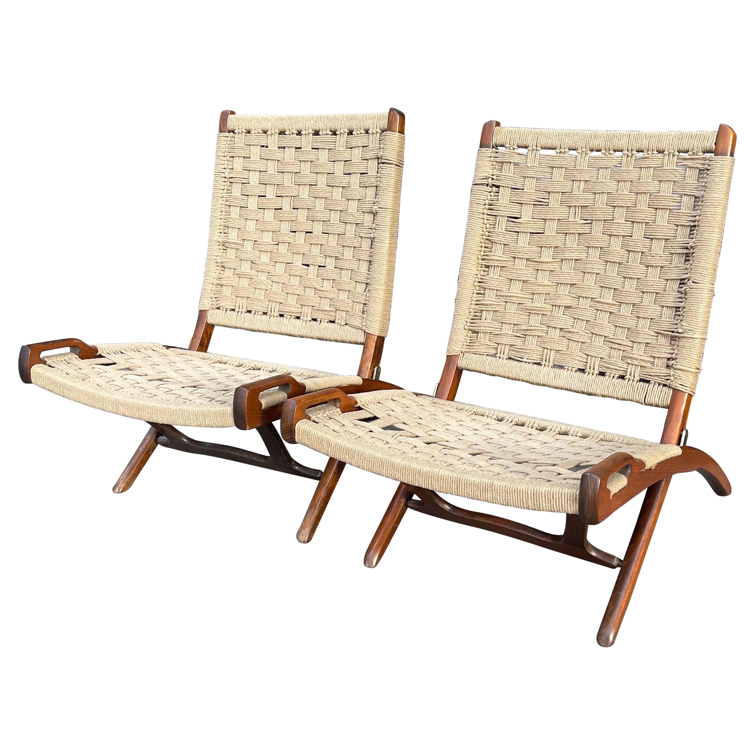 Mid-Century Folding Rope Weave Chairs in the Style of Gio Ponti