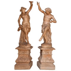 "Bacchante and Bacchant", Exceptional Pair of Terracotta Statues, circa 1880