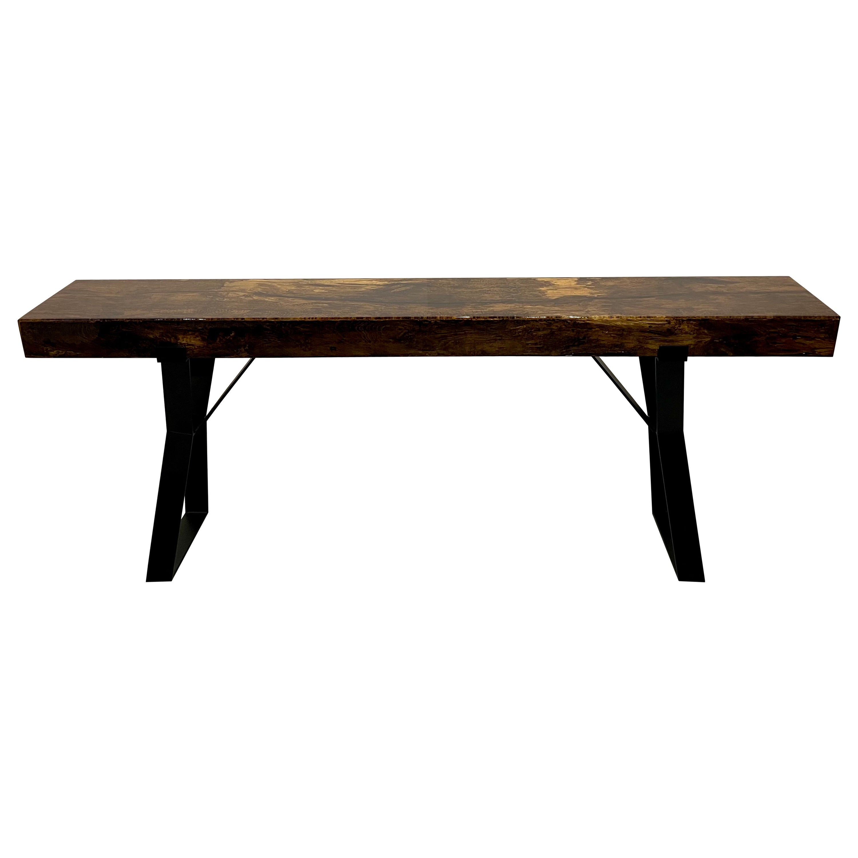 Bar Table Made of Oak Wooden Beam, Cast in Epoxy, on a Steel Frame