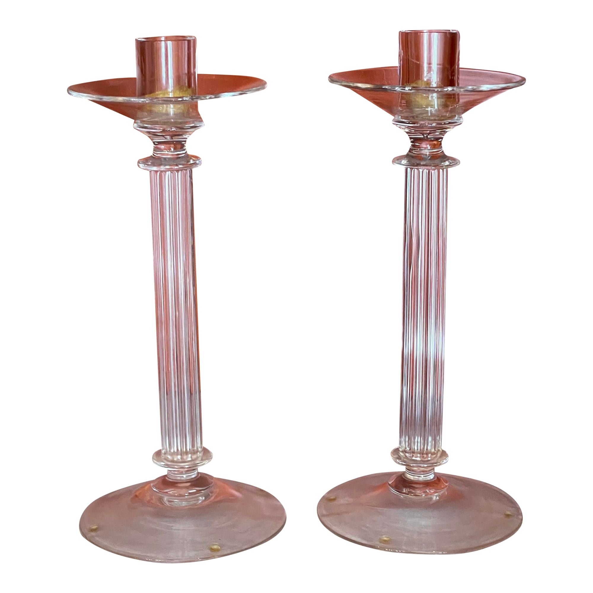 Pair of Modern Archimede Seguso Murano Glass Crystal Candlesticks For Sale