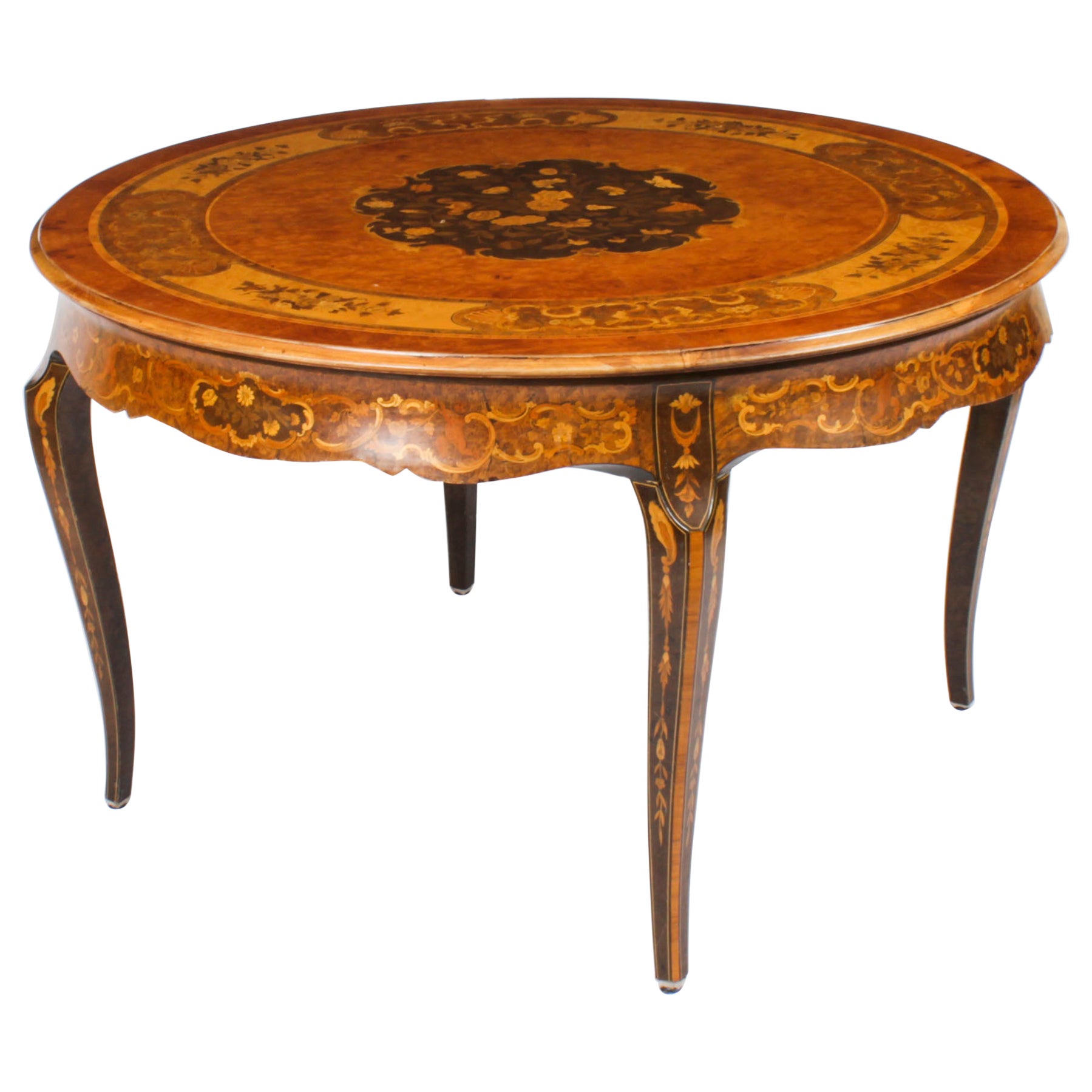 Antique Burr Walnut Marquetry Centre / Dining Table, Early 20th Century For Sale