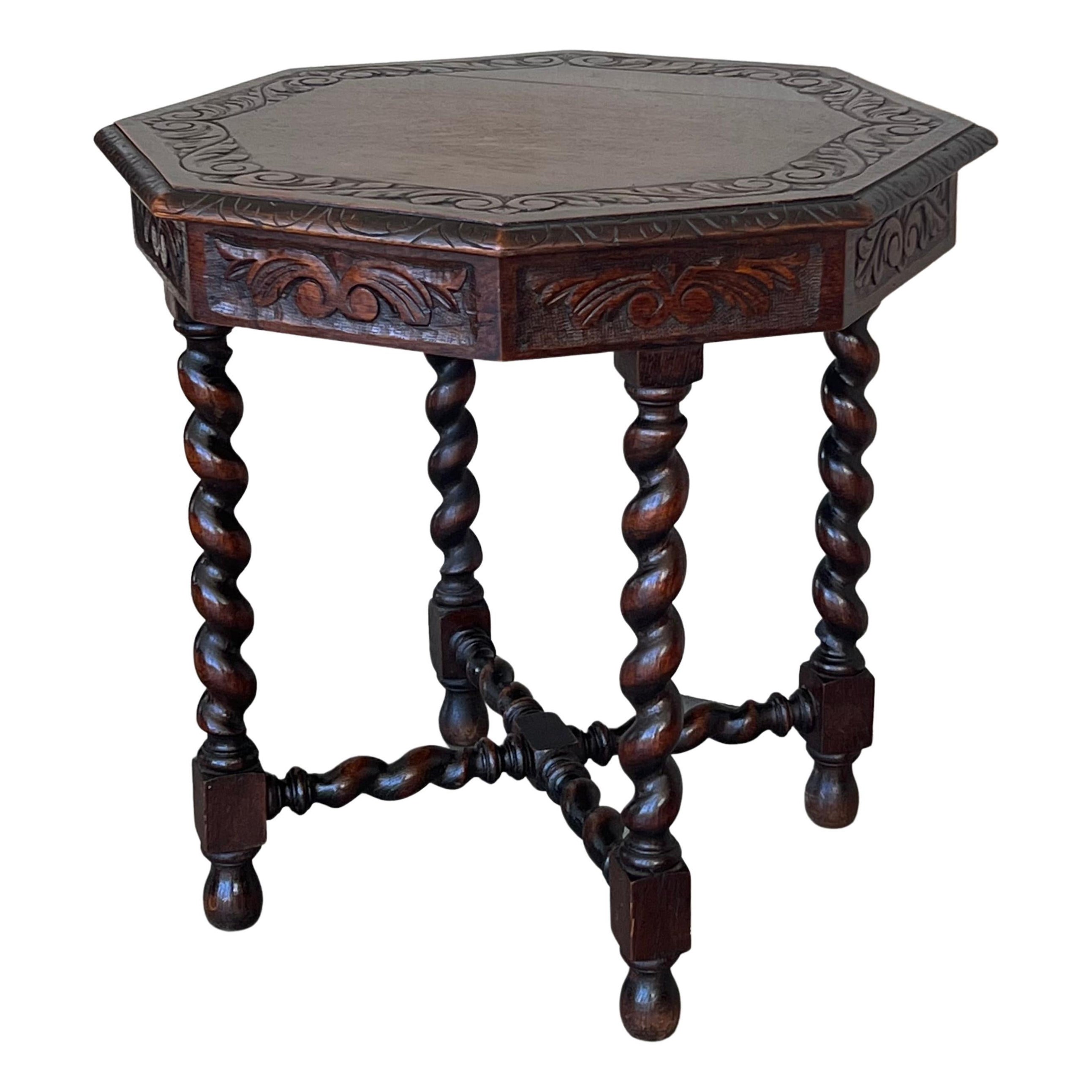 Antique Hexagonal Side or Center Walnut Table with Six Carved Legs
