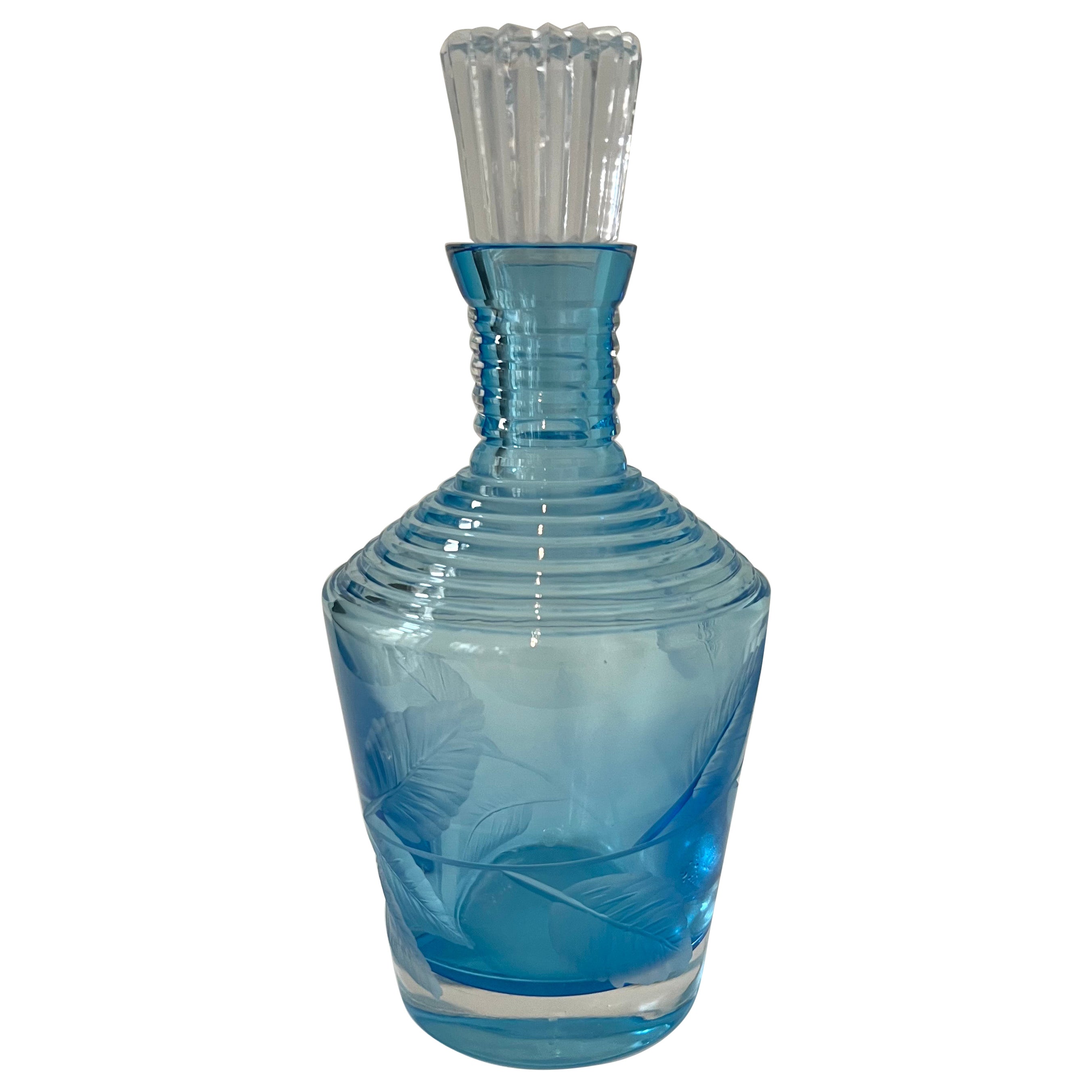 Sky Blue Whiskey Carafe with Hand Carved Spring Leaves Details For Sale