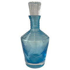 Sky Blue Whiskey Carafe with Hand Carved Spring Leaves Details