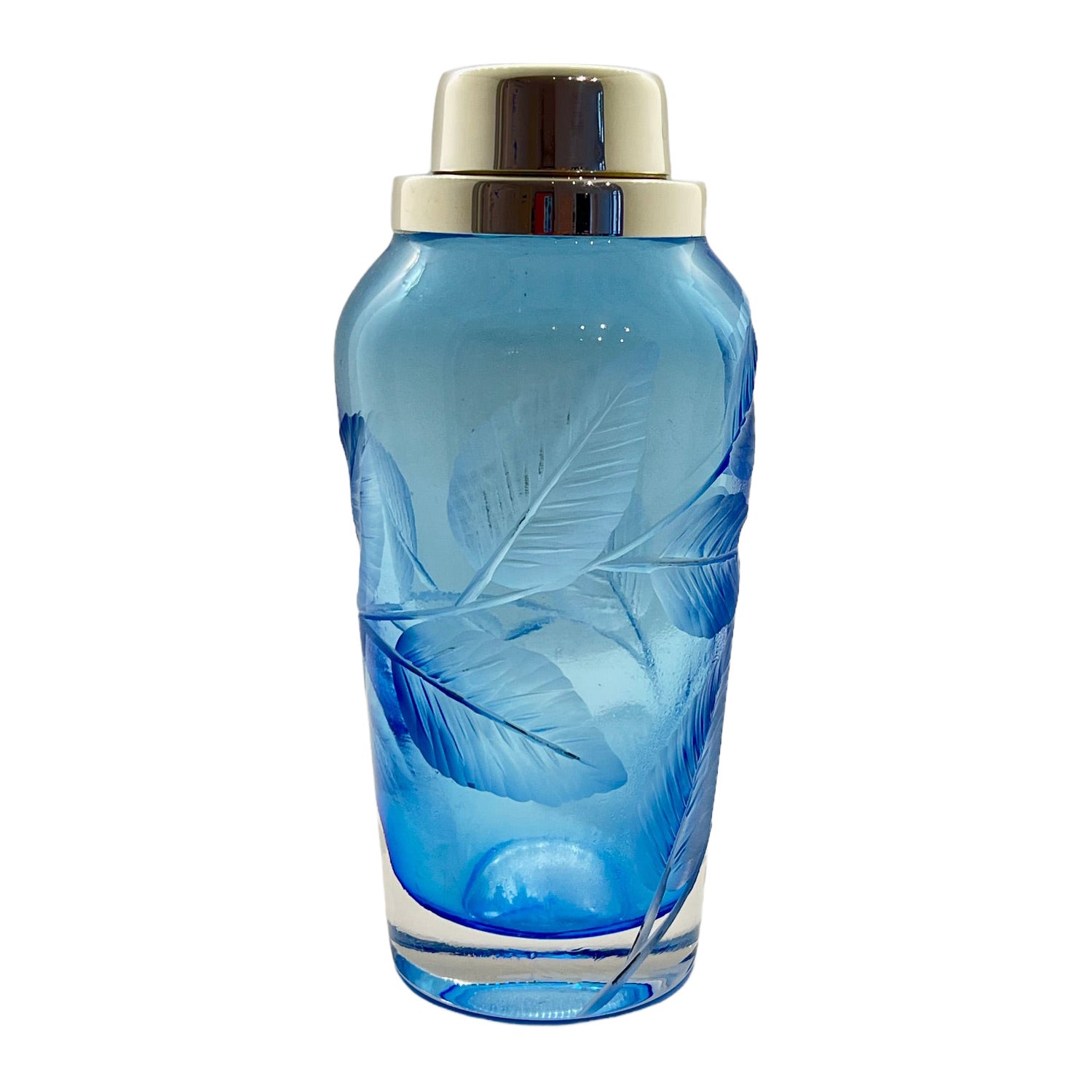 Sky Blue Spring Leaves Glass Martini Cocktail Shaker with Silver Plated Lid For Sale