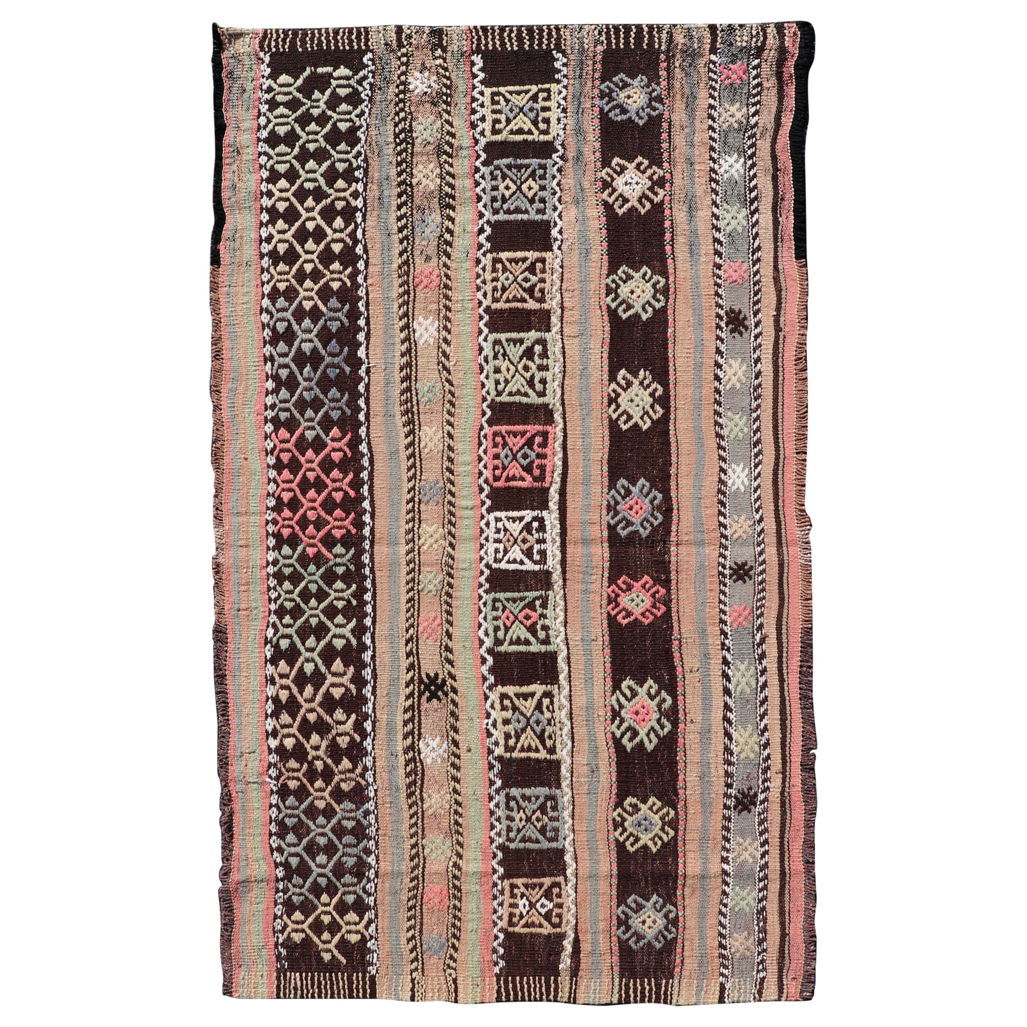 Vintage Turkish Striped Hand Woven  Kilim with Geometric Design  For Sale