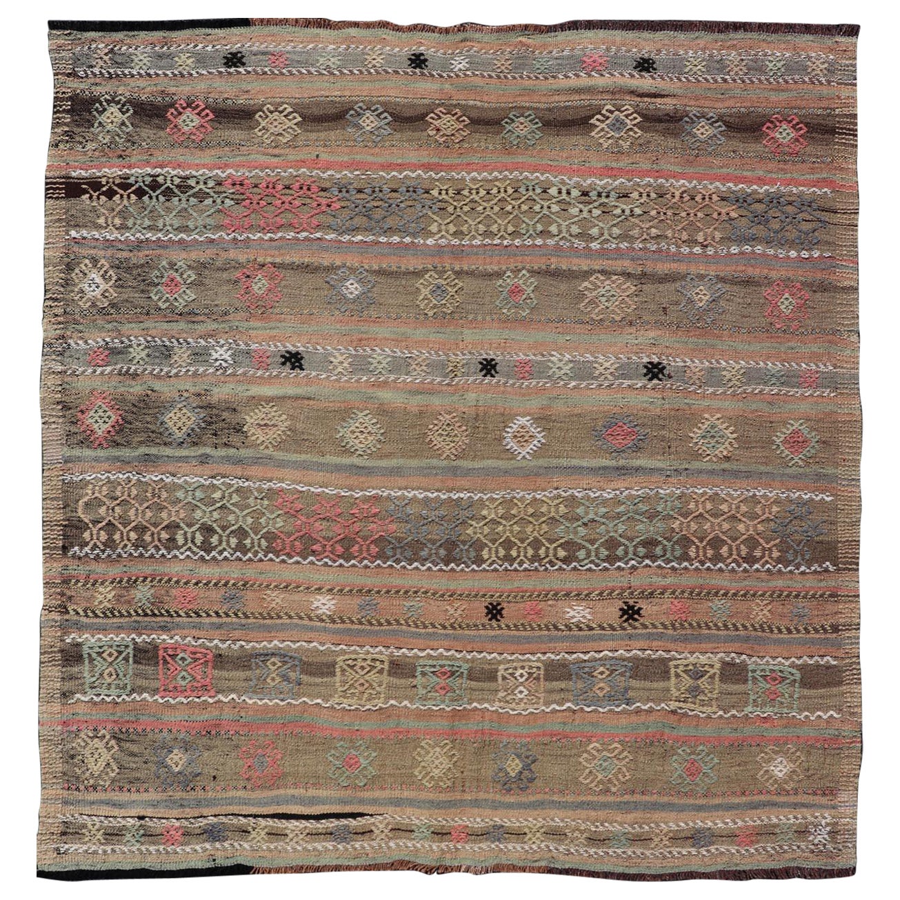 Square Size Turkish Vintage Embroidered Kilim Rug