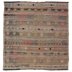 Square Size Turkish Vintage Embroidered Kilim Rug