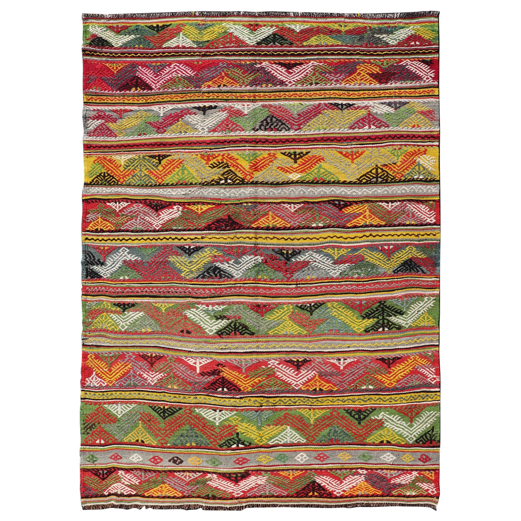 Vintage Turkish Hand Woven Embroidery with Bright & Colorful Tribal Motif Design For Sale