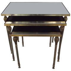 Set of Three Brass-Framed Stacking Tables with Black Mirror Tops