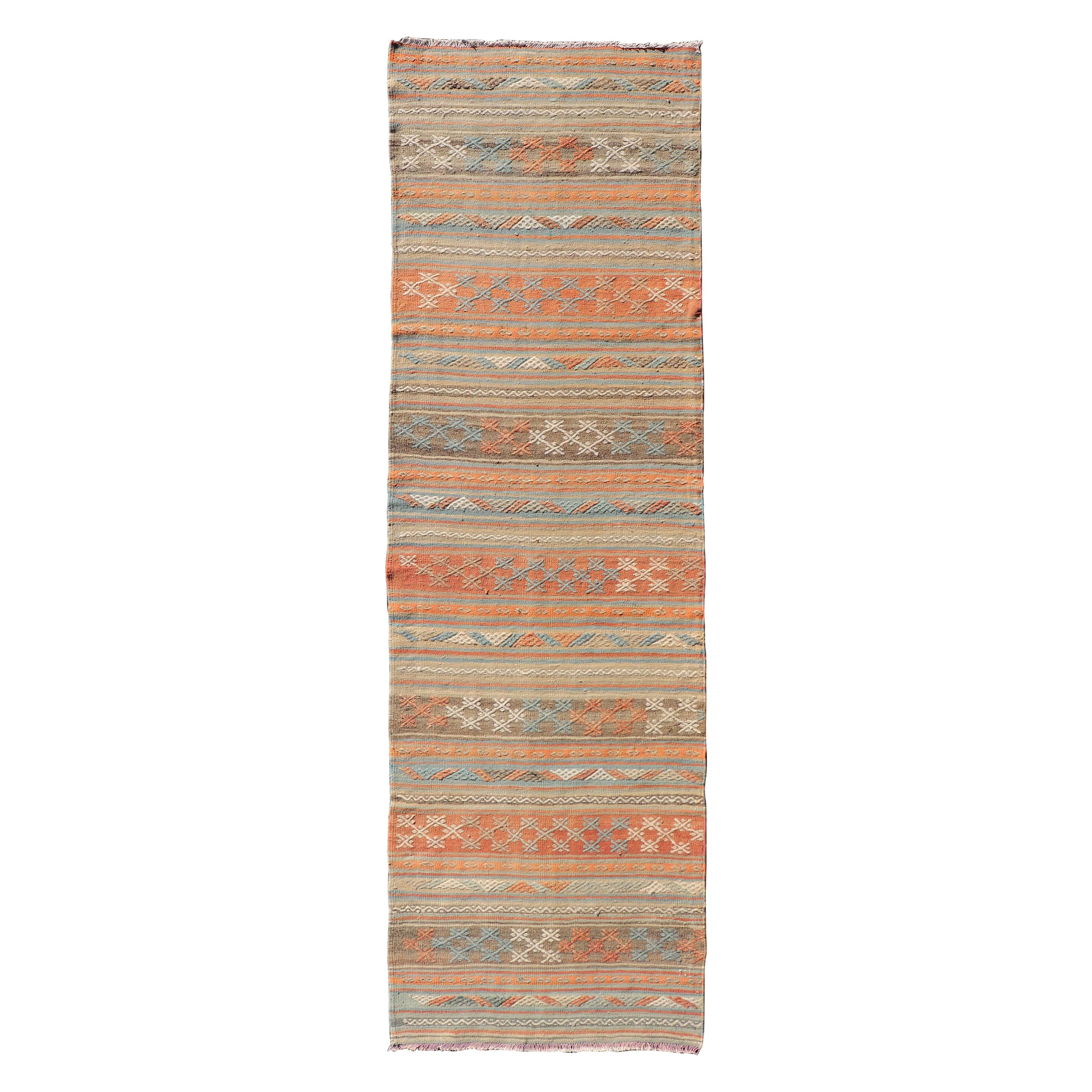 Turkish Vintage Kilim Runner with Horizontal Stripes in Bright Tones For Sale