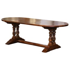 Vintage Midcentury French Carved Walnut Parquetry Oval Trestle Dining Table