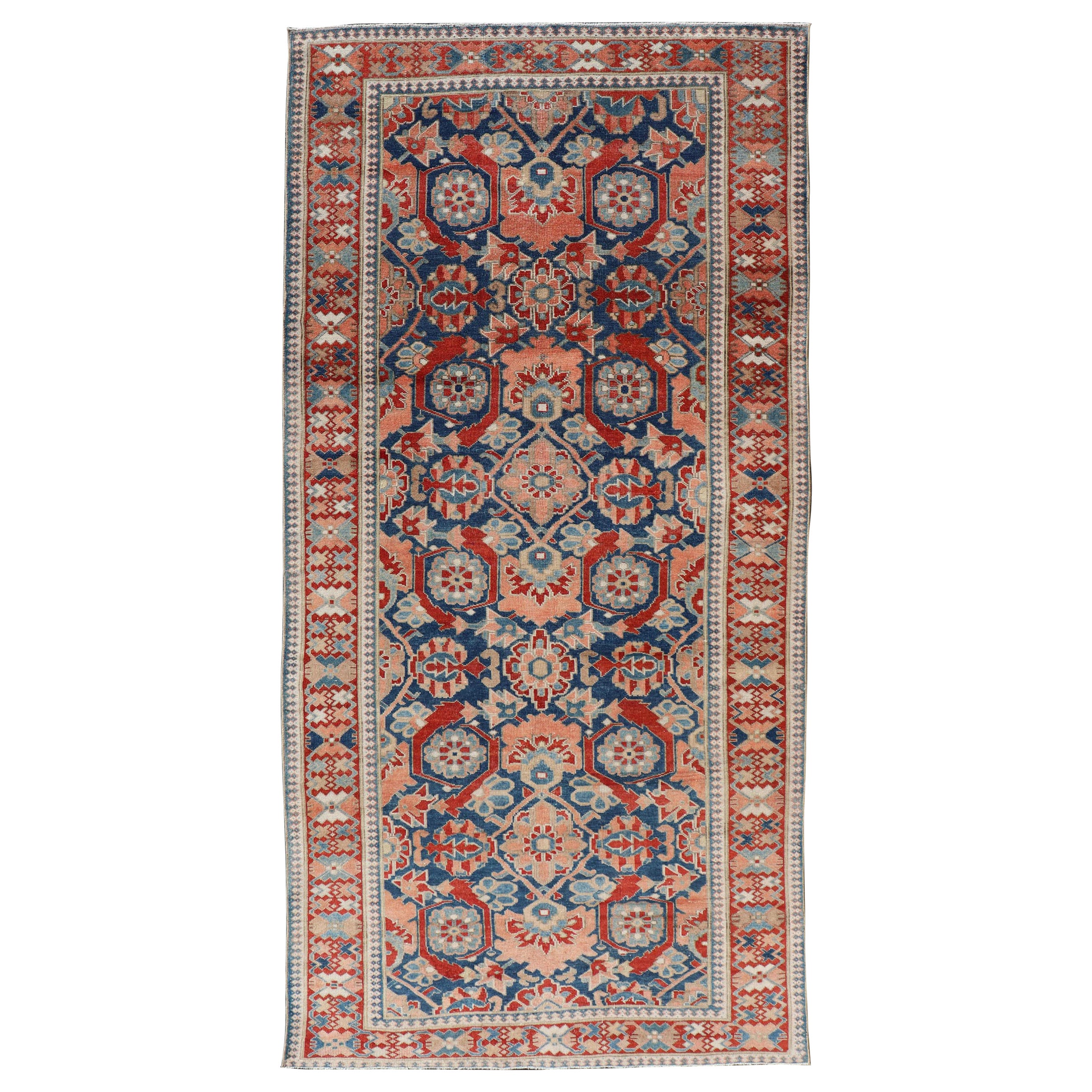 Antique Persian Tabriz Gallery Rug with Large Scale Florals in Medium Blue Field