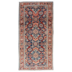 Antique Persian Tabriz Gallery Rug with Large Scale Florals in Medium Blue Field