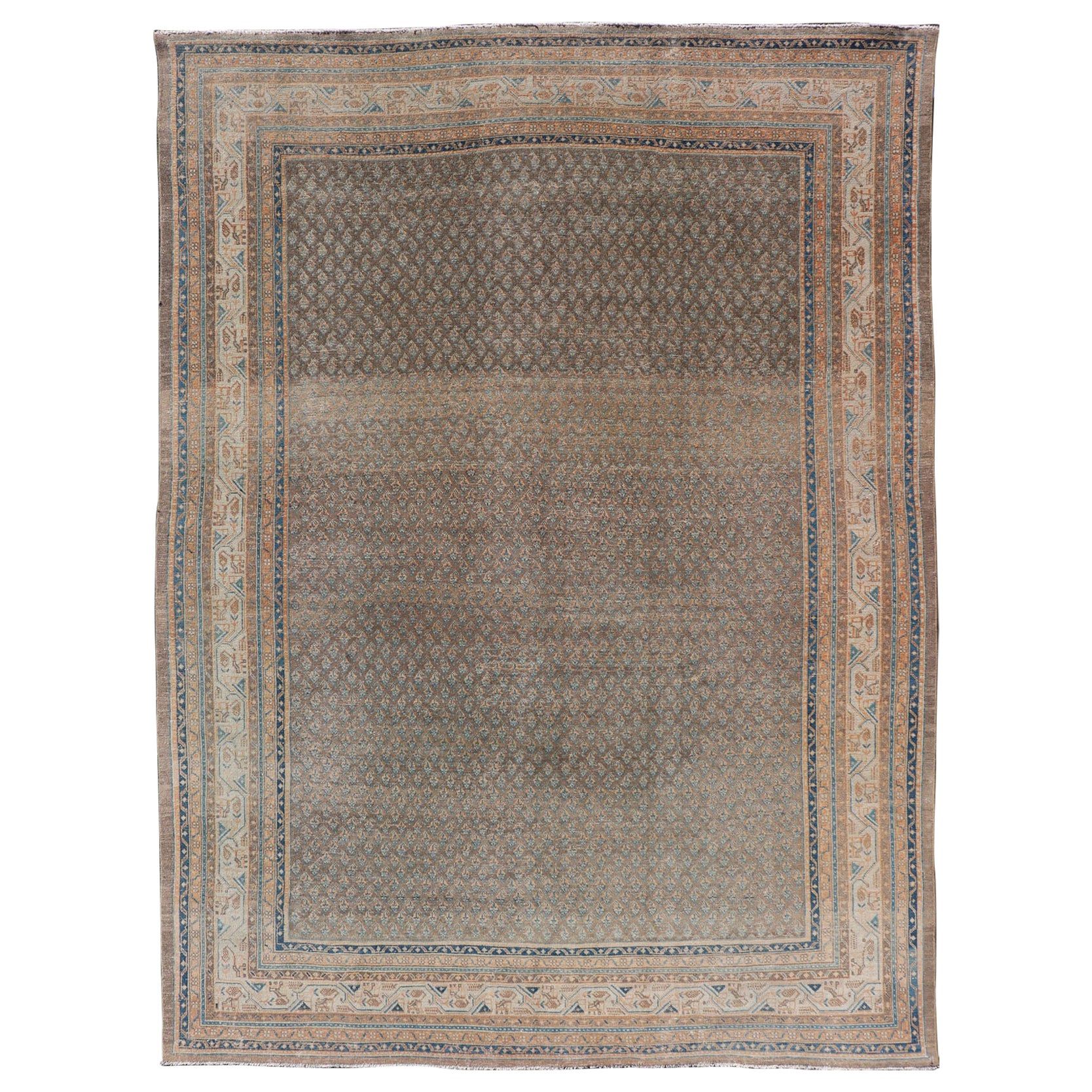 Persian Tabriz Rug with All-Over Saraband Design in Brown and Blue