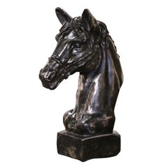 Early 20th Century French Polished Iron Horse Head Sculpture on Integral Base