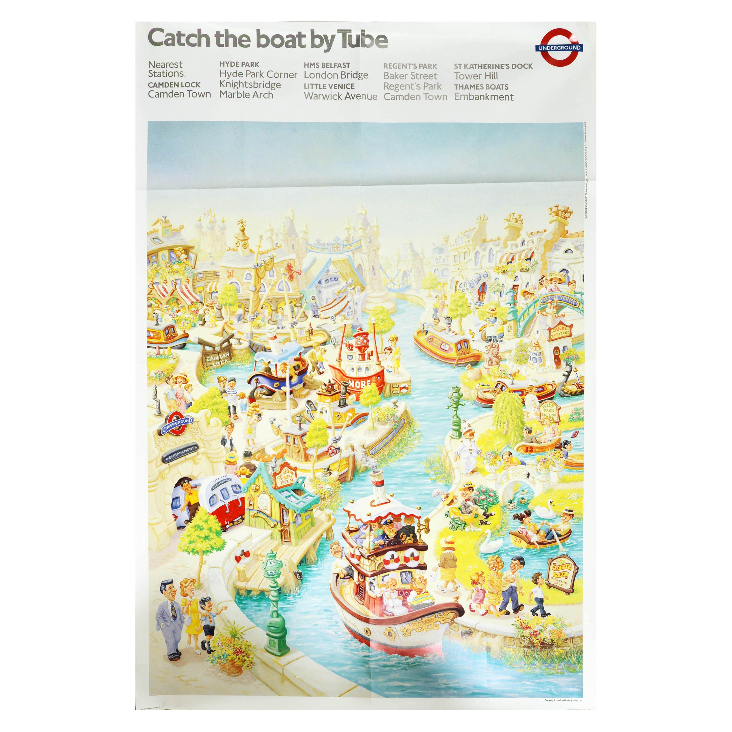 Original Vintage London Underground Poster Catch The Boat By Tube Thames Design For Sale