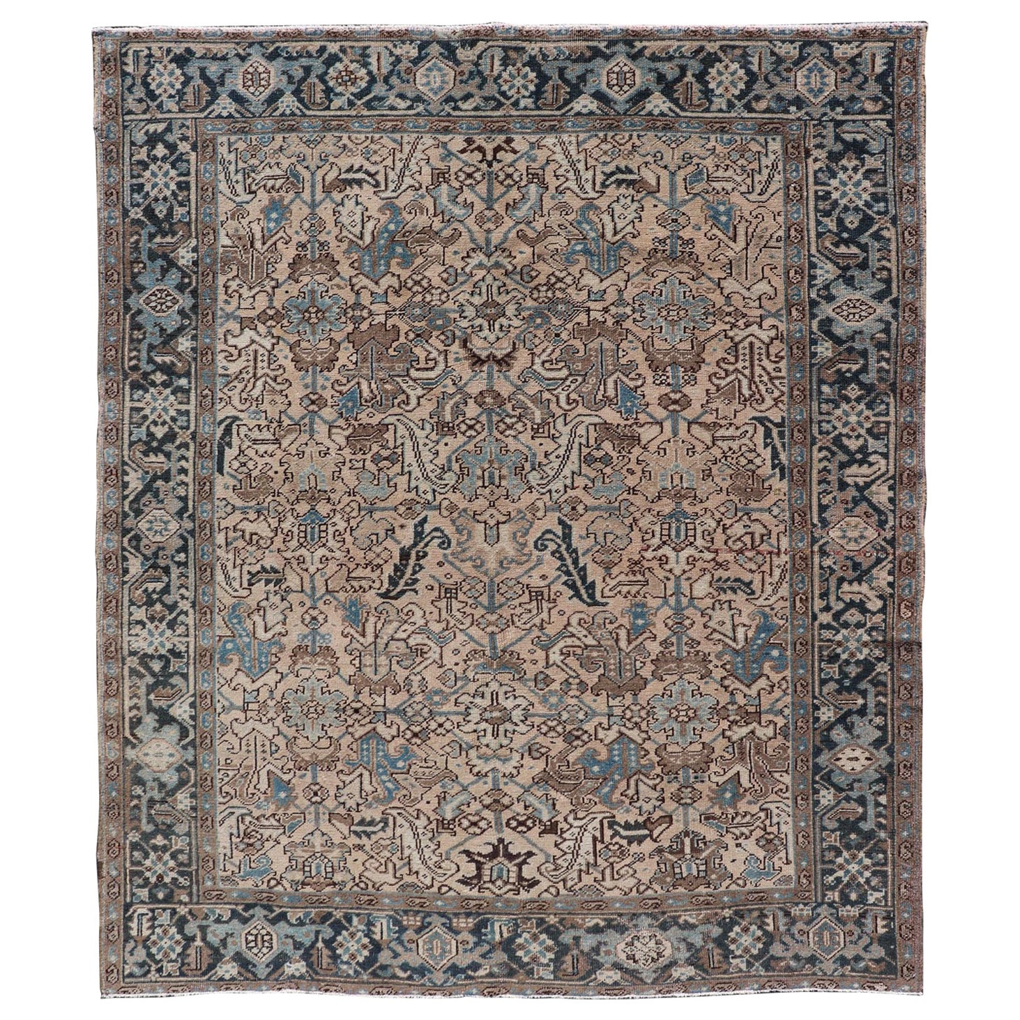 Square Size Persian Heriz Rug with All-Over Sub Floral Design in Brown & Blue