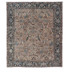 Square Size Persian Heriz Rug with All-Over Sub Floral Design in Brown & Blue