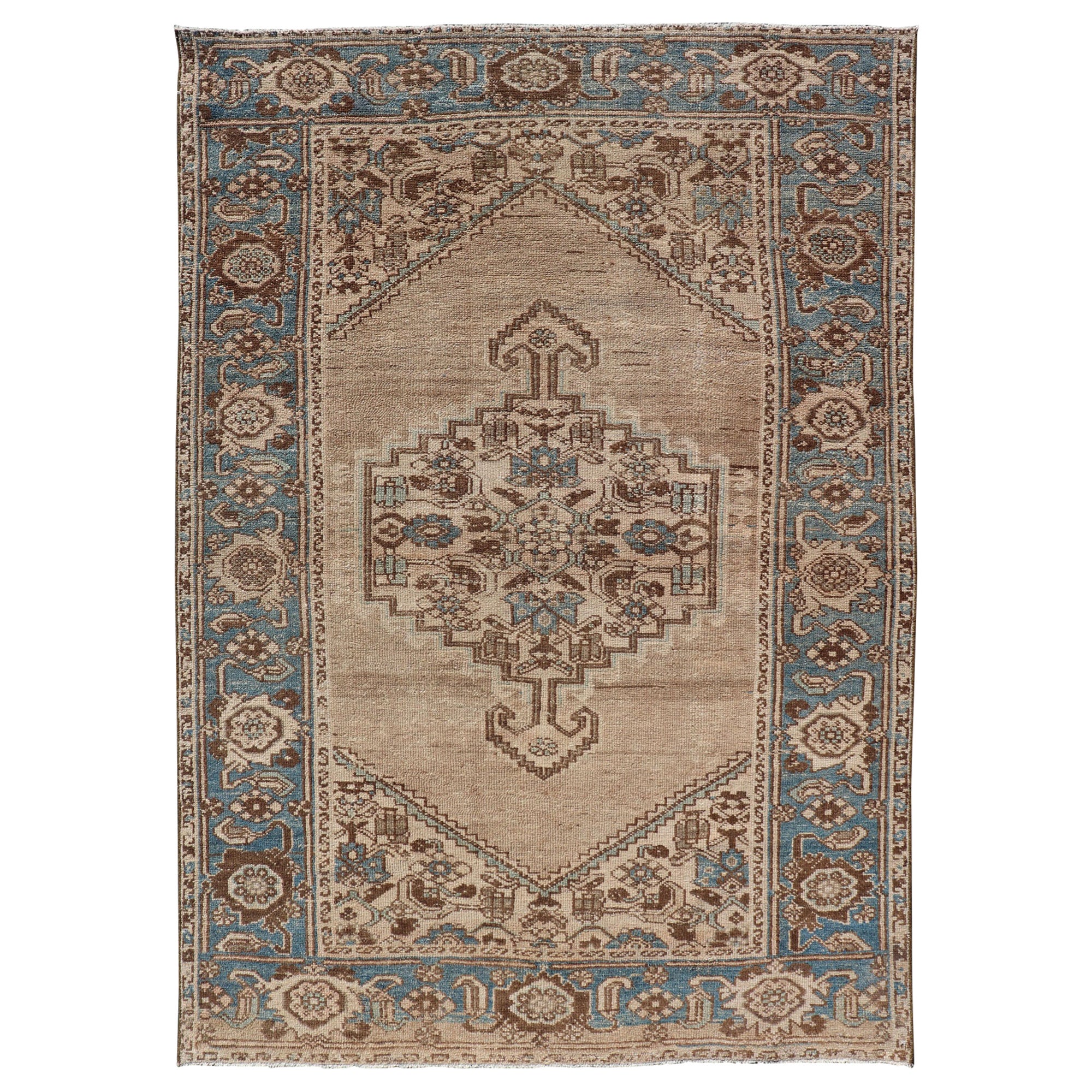 Antique Persian Hamadan Rug with Medallion Design in Tan, Light Blue & Brown For Sale