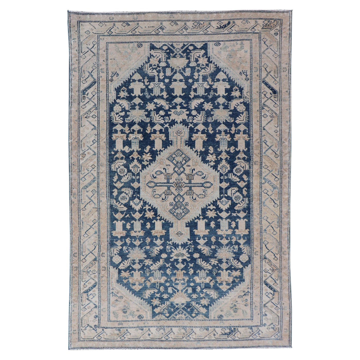Mid Night Blue Background Antique Persian Hamadan Rug with Taupe & Powder Blue For Sale