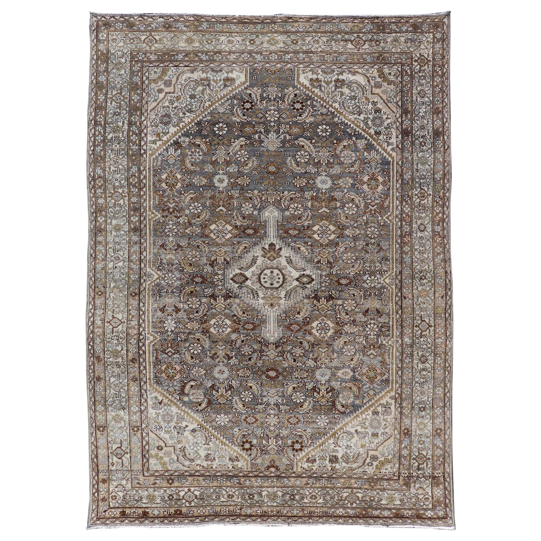 Antique Persian Bibikabad Carpet with Steal Blue, Charcoal, Green, and Brown 