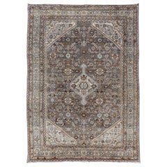 Antique Persian Bibikabad Carpet with Steal Blue, Charcoal, Green, and Brown 