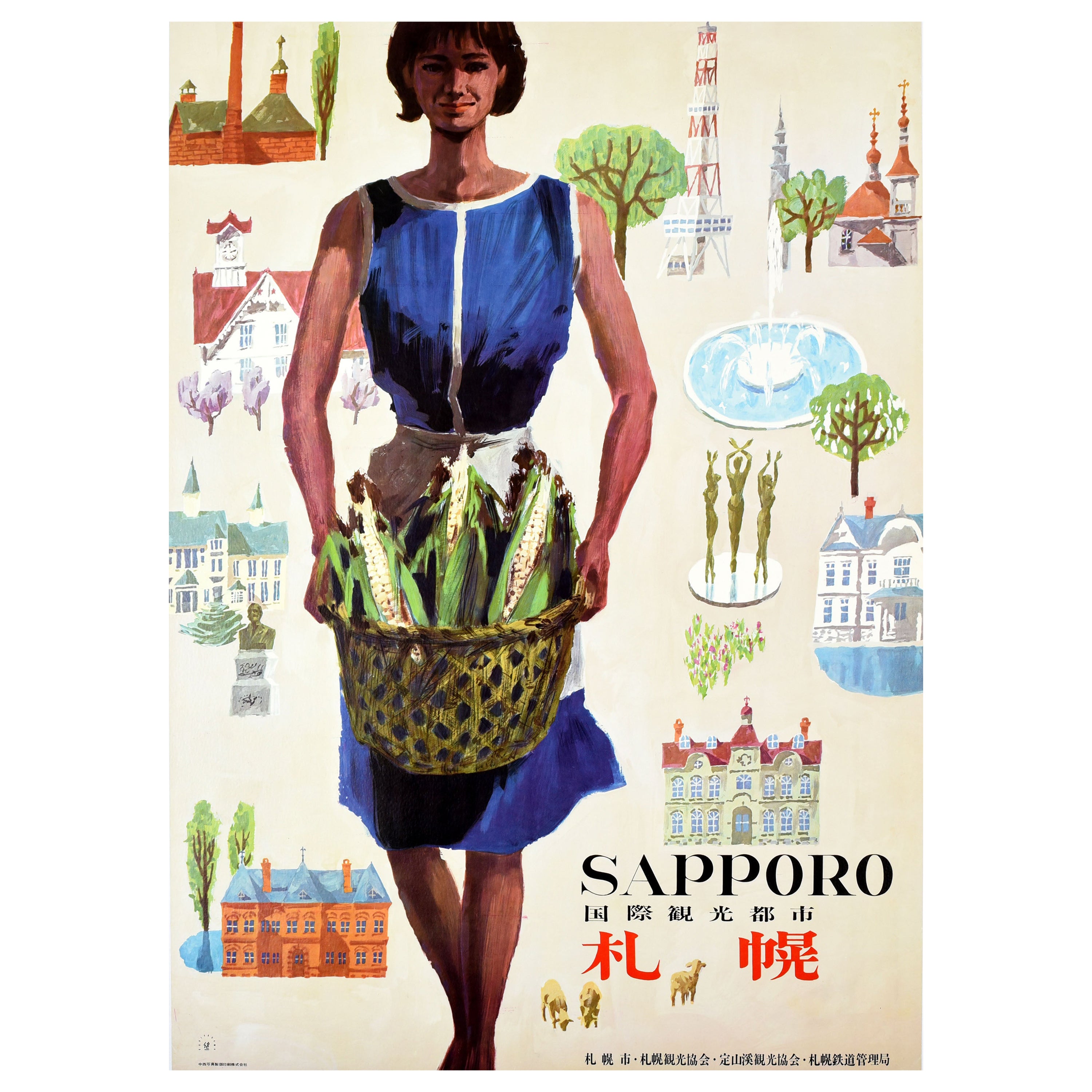 Original Vintage Railway Travel Poster Sapporo Tourist City Japan Hokkaido Art For Sale
