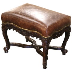 Antique 19th Century French Louis XV Carved Oak Stool with Leather from Lyon