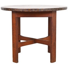 Stickley Brothers Arts & Crafts Oak Leather Top Lamp Table or Center Table