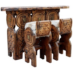 Vintage Witco Hand-Carved Dragon Themed Tiki Bar with Two Stools