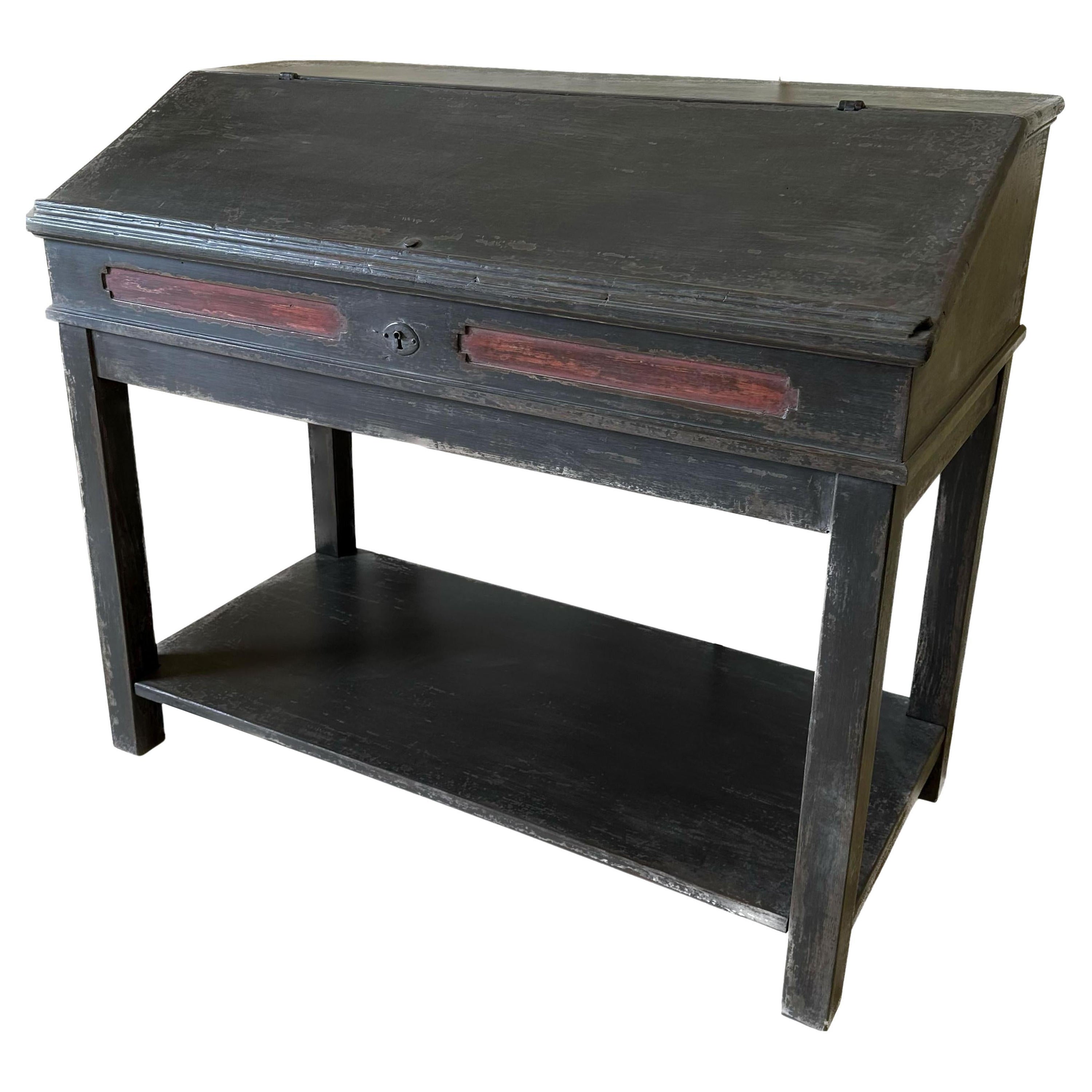 Bureau de style Lectern avec couvercle à charnière, Gris et Rouge, 19ème siècle