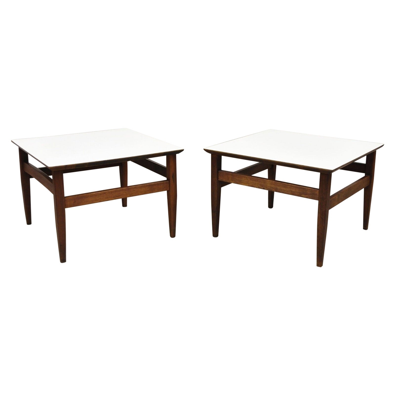 Vintage Mid Century Walnut Base Laminate Top Low Side Tables - a Pair For Sale