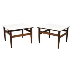 Vintage Mid Century Walnut Base Laminate Top Low Side Tables - a Pair