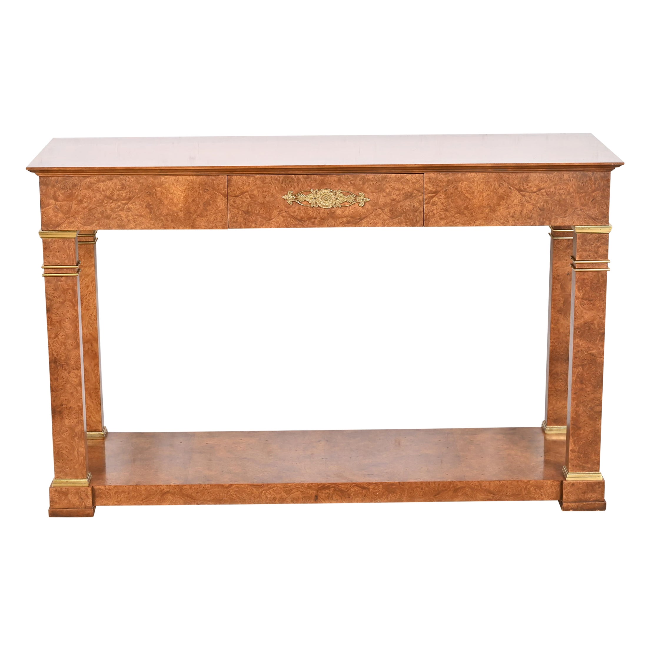 Baker Furniture Neoclassical Burl Wood and Mounted Brass Console or Sofa Table