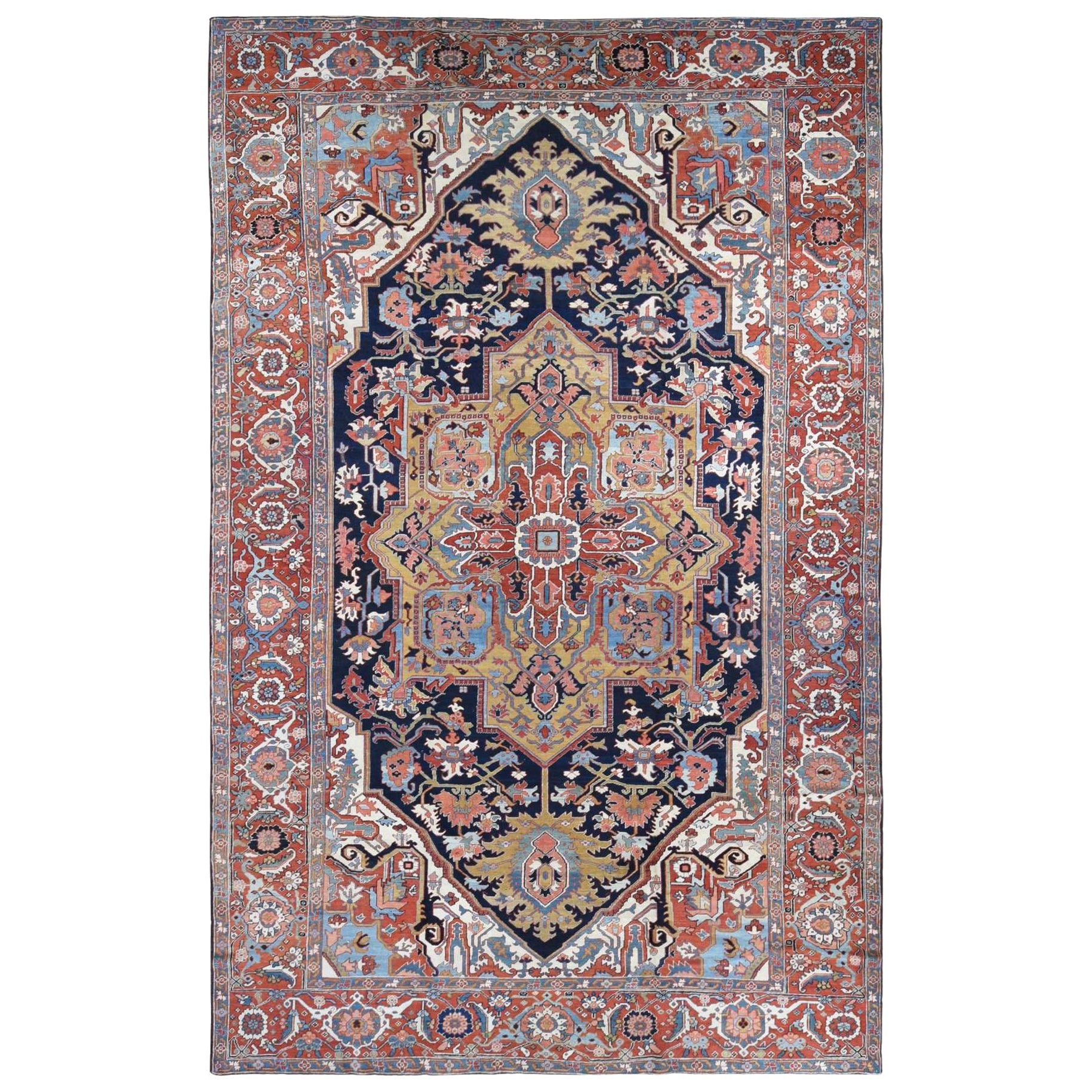Midnight Blue Antique Persian Serapi Heriz Clean Hand Knotted Pure Wool Rug For Sale